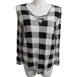 *NEW* Feiersi XLarge Black & White Checked Long Sleeve V-neck Blouse #17y32